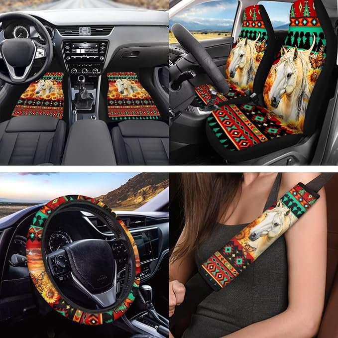 Aztec Horse Print Car Seat Covers Full Set with Steering Wheel Cover Floor Mats Armrest Pad Seat Belt Pads Roof Handle Wraps Cup Coaster Keychain Auto Interior Accessories Set of 18