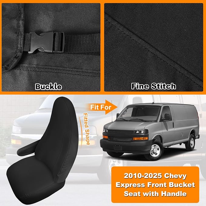 Seat Covers Compatible with 2010-2025 Chevy Express Front Bucket Seats with Opening for Grab Handle on Passenger Side Backrest, 600D Custom-Made Heavy Duty Seat Cover, NOT for RV Seats