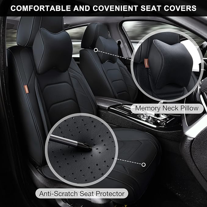 TIEHESYT Black Car Seat Covers Front Pair, Breathable Leather Automotive Front Seat Covers & Headrest for Comfortable Driving, Universal Auto Interior Fit for Most Kinds of Vehicles, SUV, Sedans