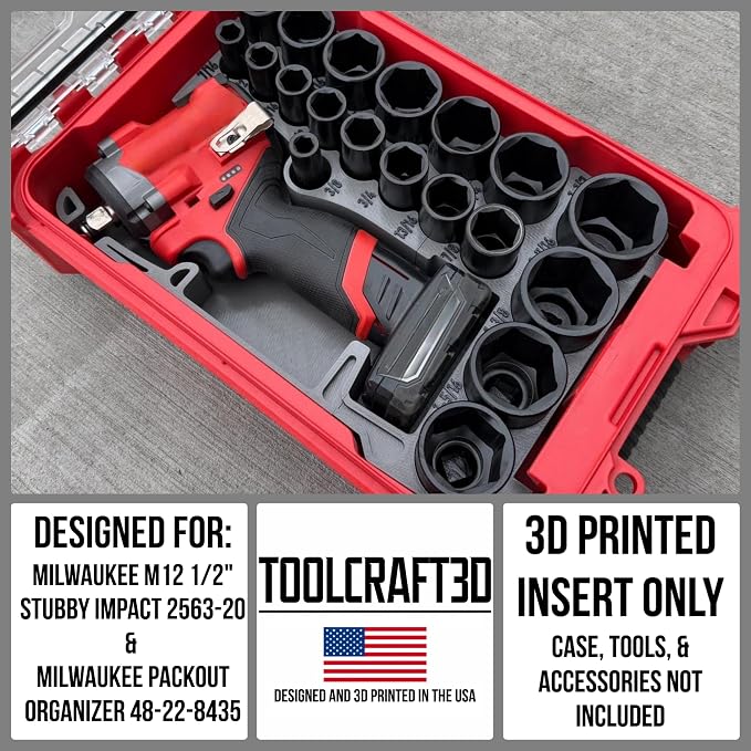 3d Printed Insert Designed for Milwaukee M12 Stubby 1/2" Impact (2563-20) and Packout Organizer (Insert Only) (Black, SAE)