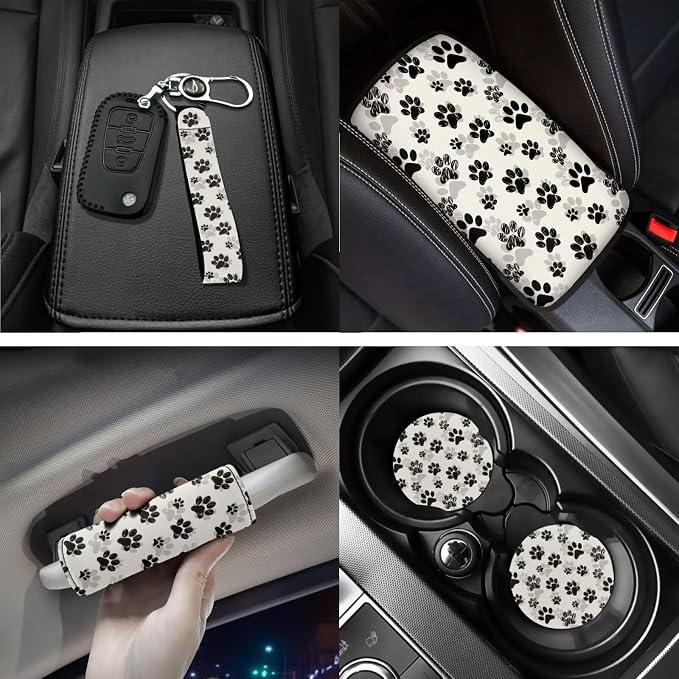 Dog Paw Print Car Seat Cover Full Set with Steering Wheel Cover Floor Mats Armrest Pad Seat Belt Pads Roof Handle Wraps Cup Coaster Keychain Automotive Interior Accessories Set of 18