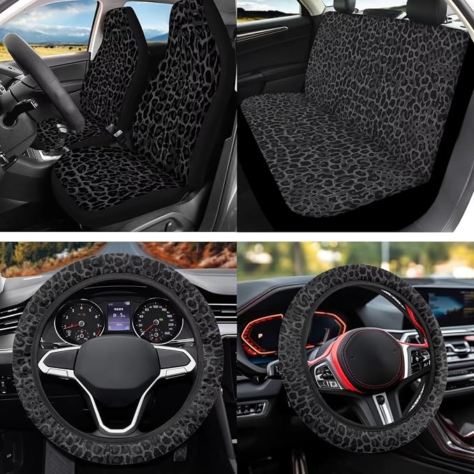 Black Leopard Print 12Pcs Car Seat Covers Full Set Car Seat Belt Cover Steering Wheel Cover Armrest Cushion Cup Coasters and Keychain Holder Suitable for Most Cars,SUV