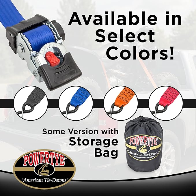 PowerTye - 2 inch x 10ft Long Retractable Ratchet Tie Down Strap with Latch-Hooks - Self-Retracting Ratchet, 800 lb W.L.L., Ideal for Motorcycle, ATV, Cargo, Includes Bag & Soft-Tyes, Blue (Pair)