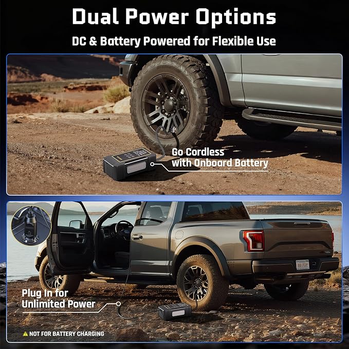 OlarHike Powerful 12000mAh Heavy Duty Tire Inflator Portable Air Compressor, 7X Faster, 150PSI Dual Power 12V&Cordless Air Pump for Car Tires, Pickup Trucks, Jeeps, SUVs & RVs. Digital Pressure Gauge