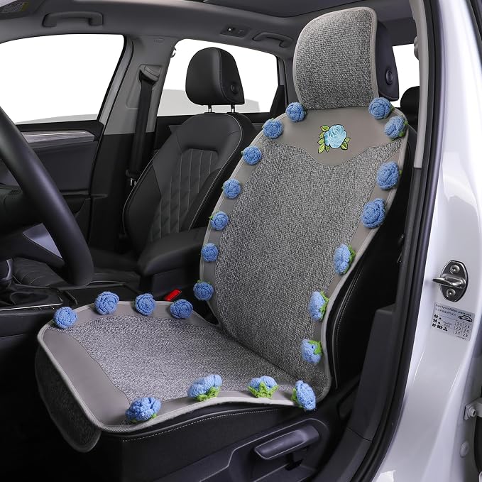 Universal Car Seat Covers,Handmade Floral Grey&Blue Rose Cushion,Leather&Cotton Blend,Cute Interior Seat Cover for Cars,SUVs & Trucks,Car Accessories Gift for Women (1-Piece)