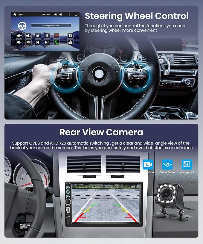 Double Din 7 inch Car Radio Stereo, Wireless Carplay Android Auto, You-Tu-be Video Playback, 2 Din Touch Screen Radio, Type-C/USB Fast Charging, Bluetooth FM EQ Mirror Link, AHD Backup Camera, SWC