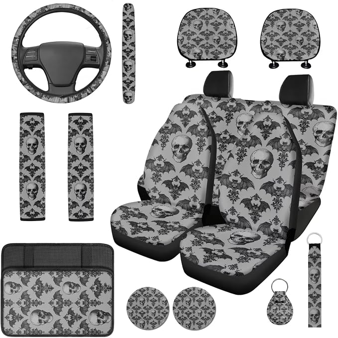 Bulopur Gothic Skull Bat Print Car Seat Covers Front and Backseat with Steering Wheel Cover Vehicle Armrest Cover Seat Headrest Covers Keychain Auto Interior Accessories Set 14 Pieces