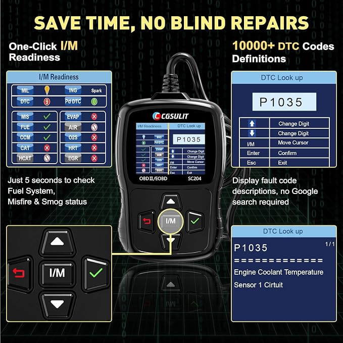 CGSULIT SC204 Enhanced OBD2 Scanner Diagnostic Tool, Check Engine Code Reader With Reset, Smog Check, Clear Code, Live Data & More, Car Code Readers & Scan Tools for All OBDII/EOBD Vehicles After 1996