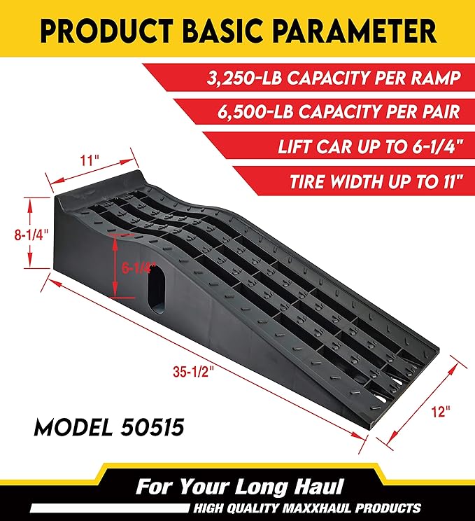 MaxxHaul 50515 6.25" Lift Car Ramps, 2-Pack – 13,000lb GVW, Deep Grooved Surface for Stable Tire Placement, Heavy-Duty, Black