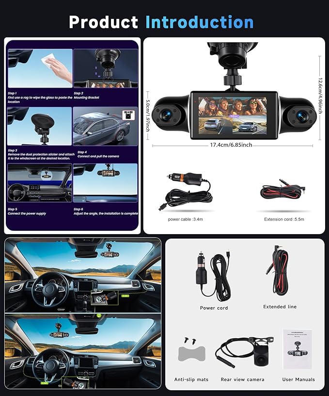 4 Channel 360 Dash Cam Front Rear Inside Left Right 3 Inch 2K Car Dash Camera with WiFi Night Vision Motion Detection 24H Parking Mode Loop Recording Reverse Monitor Without 64G TF Card