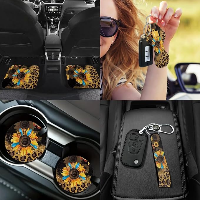 17Pcs Leopard Print Car Seat Covers Full Set with Front and Split Rear Bench,Sunflower Car Mats Full Set and Seat Belt Cover Pad,Leopard Print Car Interior Accessories for Women Universal Fit