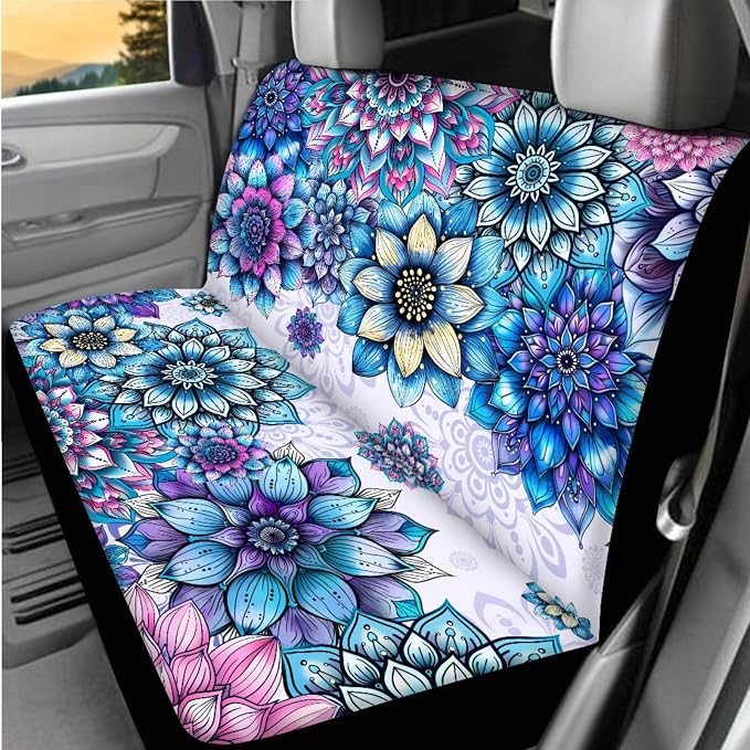 BIGCARJOB Purple Boho Lotus Car Seat Covers Set Hippie Lotus Print Auto Seat Headrest Cover Universal Steering Wheel Cover Car Trash Can Hanging Auto Interior Accessories Set 15 Pieces