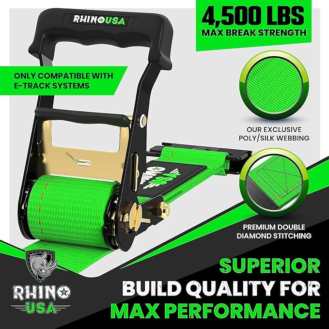 Rhino USA E Track Ratchet Tie Down Straps (4,500lb Break Strength) - Includes (2) Premium 2" x 16' eTrack Tie Downs - Ultimate Heavy Duty eTrack Cargo Strap System for Trailer, Truck, Motorcycle
