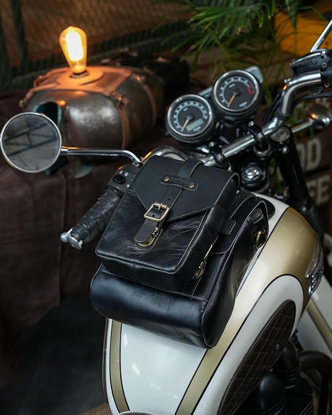 Trip Machine Company Genuine Leather Motorcycle Magnetic Fuel Tank & Tail Pillion Seat Mount Bag with Shoulder Strap and Rain Cover (Black)