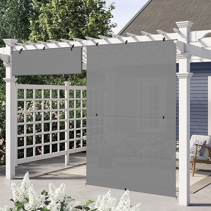 E&K Sunrise 7'W x 9'H Outdoor Roller Shades Patio Cordless Roll Up Blinds Foldable Sun Shade UV Block Exterior Sun Screen for Outside Porch Backyard Deck Pergola (Gray)