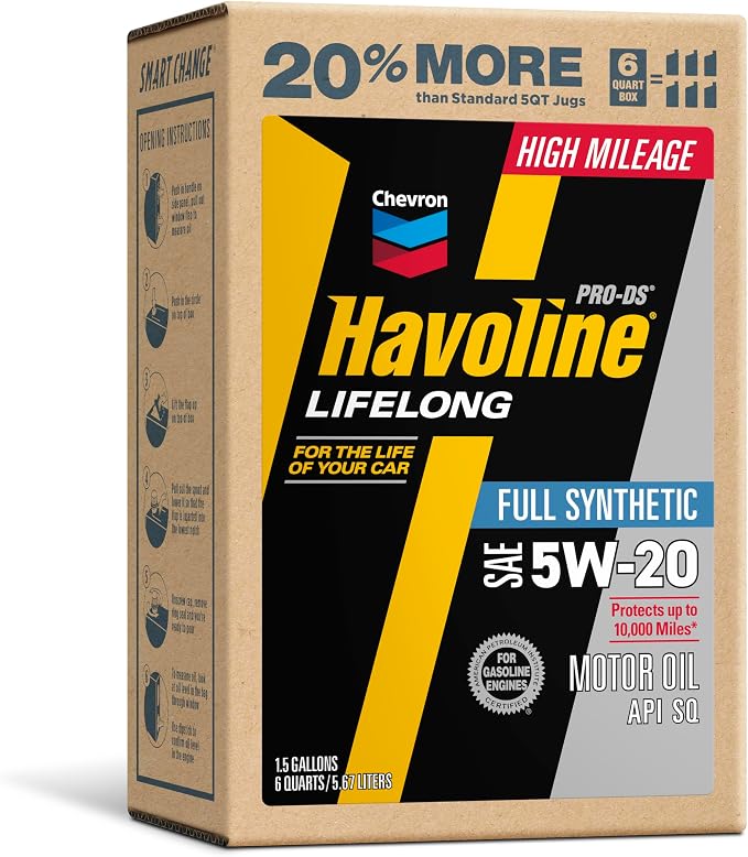Havoline Motor Oil 5w20 PRO-DS Lifelong Full Synthetic Smart Change Engine Oil, 5W-20, 6 Quarts, Pack of 1