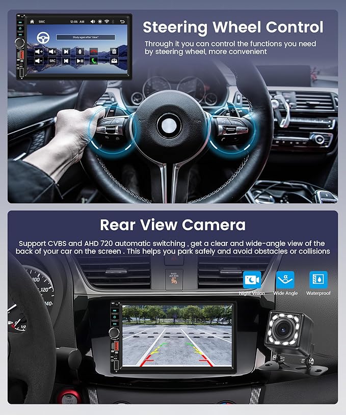 Wireless Carplay Android Auto Double Din Car Radio Stereo, 7 inch IPS Touchscreen Radio, 2 Din Car Radio Bluetooth, SWC, Backup Camera, Mirror Link, FM EQ, Type-C USB Fast Charging, Video Playback