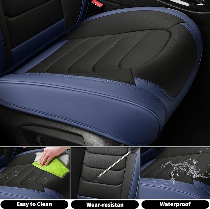 FLORICH Car Seat Covers Full Set, Leather Seat Cover, Front and Rear Seat Covers 5 Seats, Waterproof Car Seat Cushion Protector Accessories for Sedan SUV Pick-up Truck (Blue&Black, Full Set)