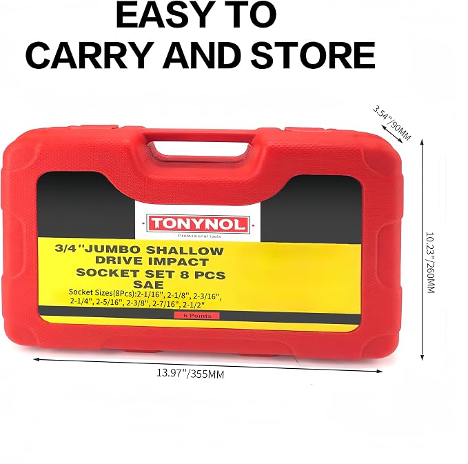 TONYNOL 3/4 Inch Drive Impact Jumbo Socket Set,6-Point,SAE(2-1/16" to 2-1/2"),8 Pcs,Cr-MO Steel,With a Storage Case
