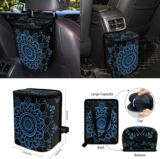 Blue Mandala Floral Car Accessories Car Seats Cover Protector, Steering Wheel Covers, Seatbelt Cover, Car Trash Can, Cup Coasters, Rearview Mirror Cover, Keychains, Pack of 15