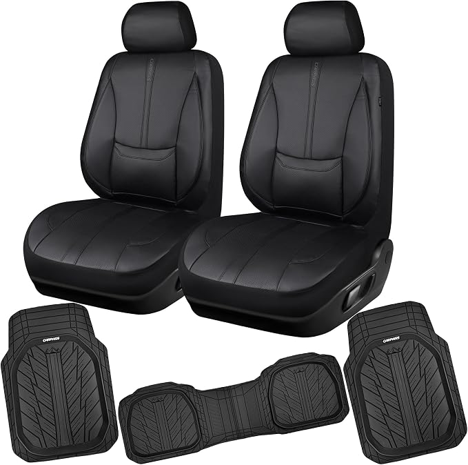 CAR PASS 3D Foam Support Leather Car Seat Covers Front Seats,Waterproof Faux Leather Front Seat Cover for Car,Universal Fit Anti-Slip for SUV Truck,Rubber Floor Mats for Cars