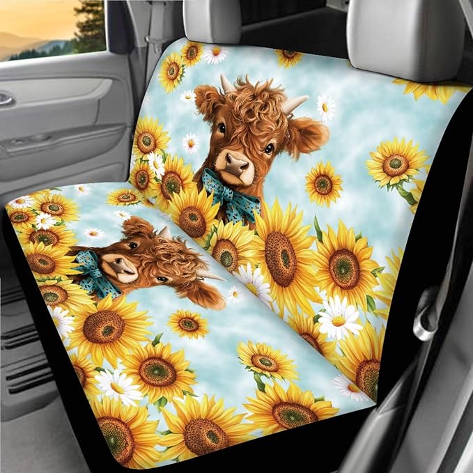 Highland Cow Sunflower Print Car Seat Covers Full Sets 18 Pieces Highland Cow and Sunflower Car Interior Accessories Sets Soft Car Seat Belt Pads Cover Car Trash Can Car Headrest Covers