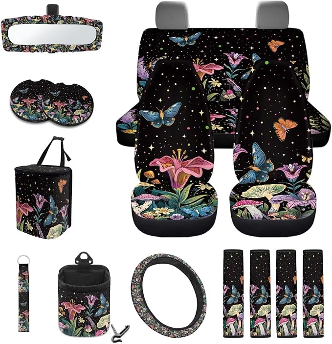 Butterfly Star Tulip Mushroom Pattern Auto Interior with Full Set Car Seat Covers Steering Wheel Cover Keychain Trash Can Seat Belt Covers Air Vent Storage Pocket Cup Holders Mirror Covers