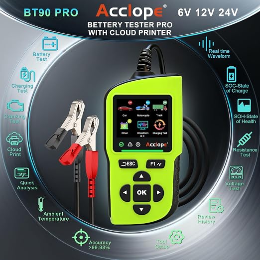 BT90 PRO 2-360Ah Battery Tester with Cloud Printing, 30-3800 CCA, 6V/12V/24V Digital Analyzer, SOH/SOC/Volt/Res/Cranking&Charging Test, Real‑Time Ambient Temp, AGM/EFB/Gel/Li