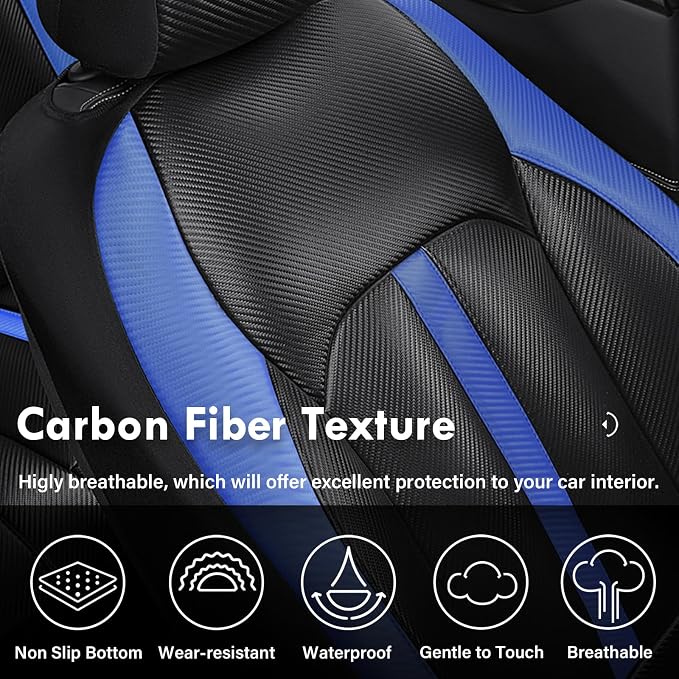 Coverado Leather Car Seat Covers Front Seats & Carbon Fiber, Waterproof and Durable All Weather Protector, Universal Fit for SUV, Pickup Truck, Sedan, Automotive Vehicle Interior, Black&Blue