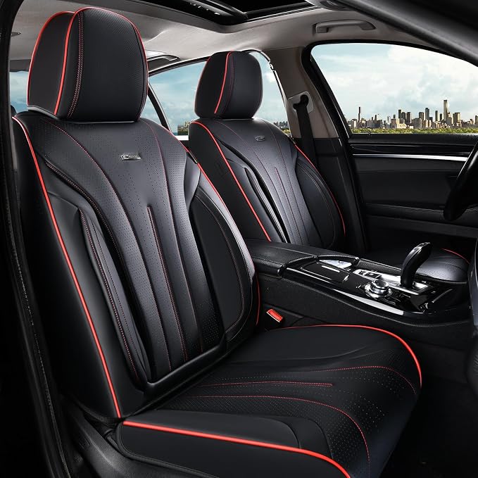 Coverado Front Seat Covers, Luxury Nappa Leather Seat Cover, 2 Pack Waterproof Seat Cover for Cars, Universal Front Car Seat Protector, Breathable Car Seat Cushion Fit for Most Cars(Black &Red Line)
