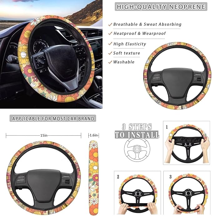 13 Pack Car Accessories Cottagecore Daisy Flower Car Seat Covers Universal Fit,Steering Wheel Covers,Seat Belt Pads,Lipstick Holder,Coaster,Keychain Auto Interior Protector for Women