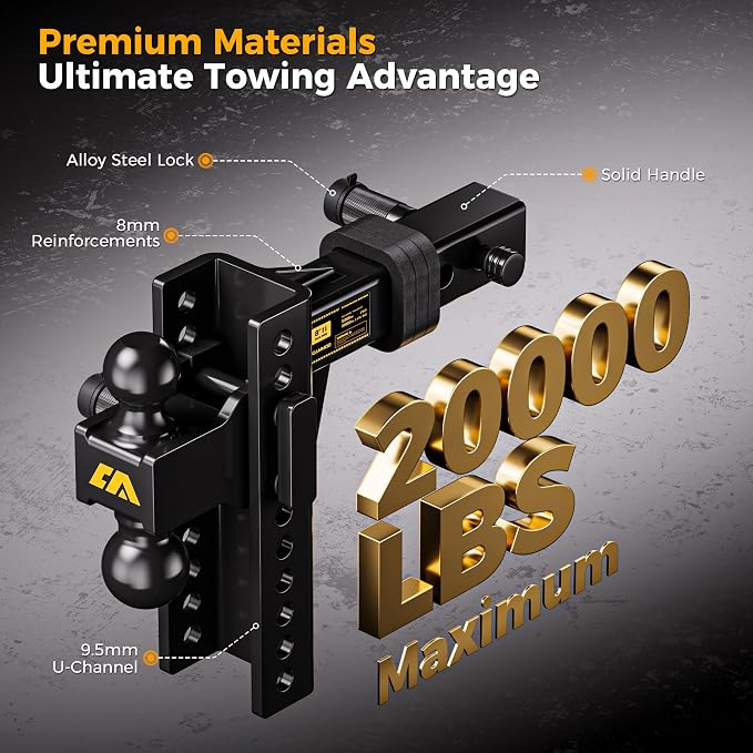 CAMMOO Adjustable Trailer Hitch, Tow Hitch Fits 2 inch Receiver, 8 inch Rise/Drop Hitch, 2" and 2-5/16" Ball Hitch, 20000 LBS GTW Truck Hitch with U-Shaped Alloy Steel Anti-Theft Pin, Black, ML-2080