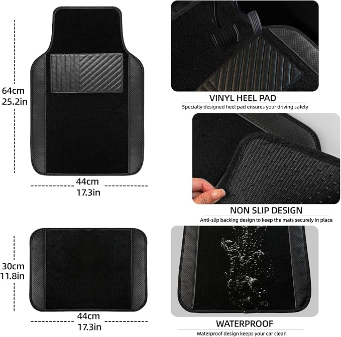 NBTEPEM 10 Pcs Car Floor Mats Full Set Car Accessories, Microfiber Leather Steering Wheel Covers 14.5-15 inch, Center Console Cover, Seat Belt Pads, Cup Coasters, Universal Interior Decor(Black)