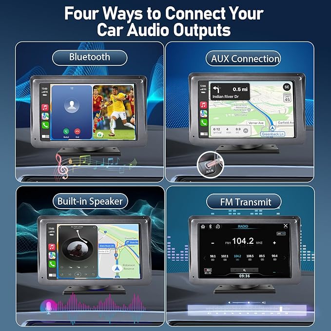 Portable Wireless Radio with Apple CarPlay and Android Auto Screen for Car, 7 Inch Anti-Glare Touchscreen Radio with Bluetooth Hands-Free/Navigation/Voice Control/AHD Backup Camera, for All Vehicles