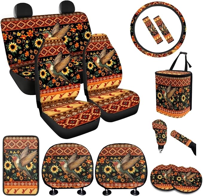 BIGCARJOB Hummingbird Car Seat Accessories Full Set 15 Pcs Art Hummingbird Seat Cover for Cars Front and Rear Handbrake Cover,Headrest Pillow Cover,Seat Belt Pads,Universal Fit