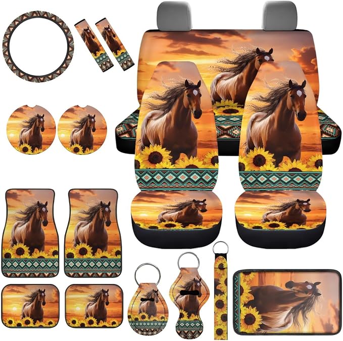 Animal Horse Car Seat Covers Full Set of 17 Pcs Sunflower Car Floor Mats Set of 4 Horse Automotive Accessories with Steering Wheel Cover Seat Belt Cover Pad Car Armrest Pad,Universal Fit