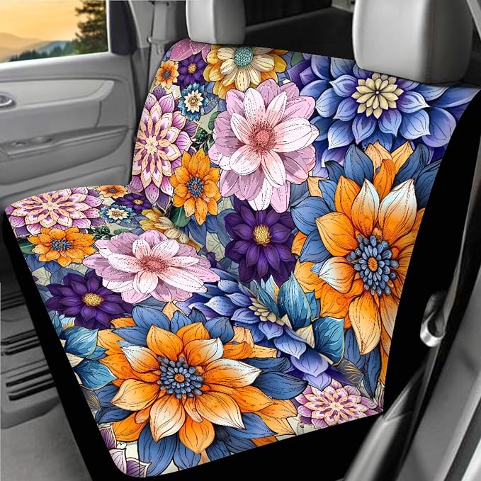 18 Pcs Car Seat Covers Full Sets Mandala Lotus Car Interior Accessories Sets with Hippie Print Steering Wheel Cover Car Headrest Covers Car Trash Can Car Seat Belt Pads Cover for Women