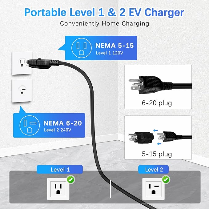 Level 1 EV Charger - 2.8 Inch LED Touch Screen, 25FT, 110V/240V, 16 Amp, and NEMA 6-20 & NEMA 5-15 Plug Adapter - Portable Electric Car Charger for J1772 EVs and Plug-in Hybrid Vehicles