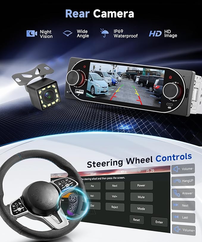 Single Din Car Stereo with Wireless A-pple Carplay Android Auto, 5.1" Incell Touch Screen Car Radio 1 Din with Backup Camera Car Audio Receiver, Support Mirror Link Bluetooth FM USB EQ SWC