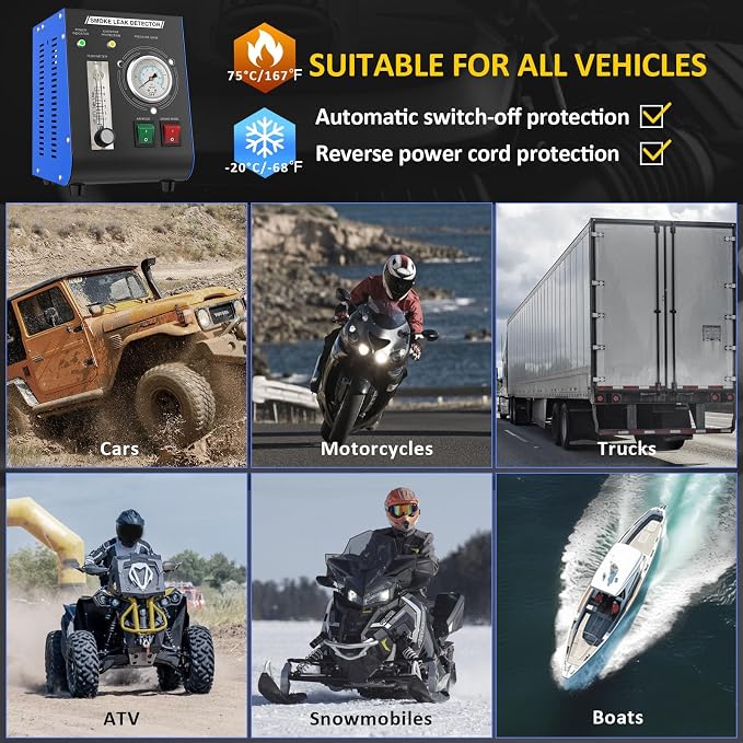Automotive Smoke Machine, Professional Leak Detector Built-in Air Pump Flow Meter 19PSI Leak Diagnostic Tester Tool Unit Kit 12V EVAP Dual Mode for All Vehicles Pipe Systems, ATV, Boat, Motorcycle