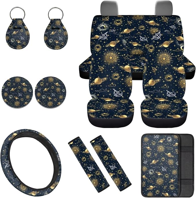 Gothic Sun Moon 12 Pack Car Seat Covers Full Set with Steering Wheel Accessories Car Seat Belt Cover Arm Rest Cover Car Cup Coasters Universal Fit for Most Cars,SUVs
