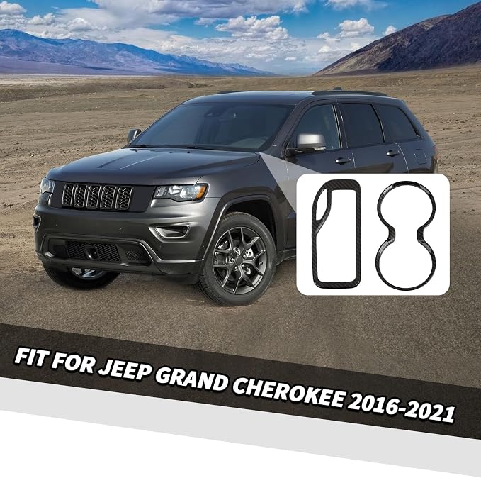 Jimen Fit for Jeep Grand Cherokee 2016-2021, 2PCS Front Cup Holder Trim Overlay & Gear Shift Cover (Carbon Fiber)