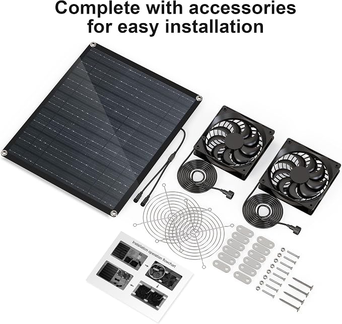 Solar Fan, 30W Solar Fan for greenhouses, Small Chicken coops, and pet Houses. IPX7 Waterproof Solar Panel Fan kit