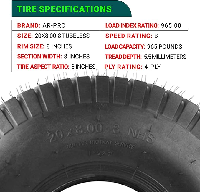 AR-PRO 20x8.00-8 Lawn Tractor Riding Mower Turf Tires – Heavy-Duty 4 Ply Tubeless Tire Replacement for Zero Turn Mowers, ATVs, Garden Tractors, Golf Carts – Set of 2 – No Rim