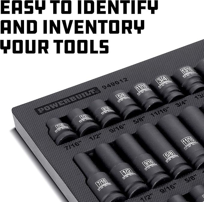 Powerbuilt Master 63 Piece 1/2-Inch Drive Impact Socket Set, Extensions, Metric&SAE Deep/Standard Impact Socket, Universal Joint and Adapter, Cr-Mo Steel, EVAs torage Tray - 949012