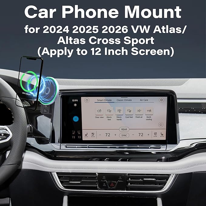 Car Phone Holder for VW Atlas 2024 2025 2026 / VW Altas Cross Sport 2024 2025 2026 Accessories Apply to 12 Inch Touch Screen 15W Fast Wireless Charger Screen Fixed Clip Cell Phone Mount