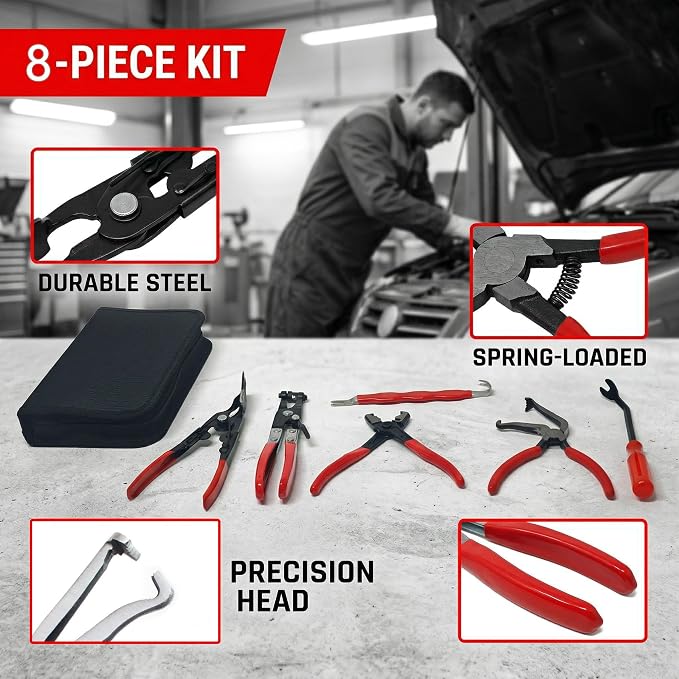 8 Pcs Automotive Electrical Disconnect Pliers Kit w/Gloves - High-Carbon Steel Connector Separator, Hose Clamp & Trim Clip Removal Tools for Auto Repair,Automotive Repair Tool Kit