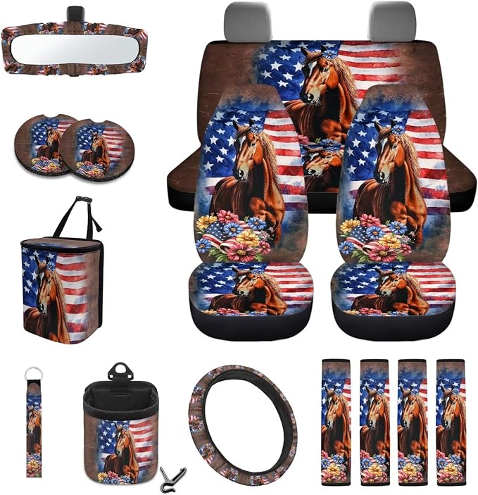 Horse American Flag Daisy Print Car 15pcs Accessories, Front and Back Seat Covers for Cars Steering Wheel Cover Seat Belt Cover Trash Can Coasters Universal Fit