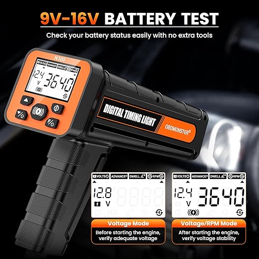 N300 Pro Digital Timing Light with Tachometer & Advance Angle, and Voltage Test & Dwell Angle, 2.6" LCD High-Definition Backlit Display, Works on 12V Gasoline Engines (2/4 Stroke)