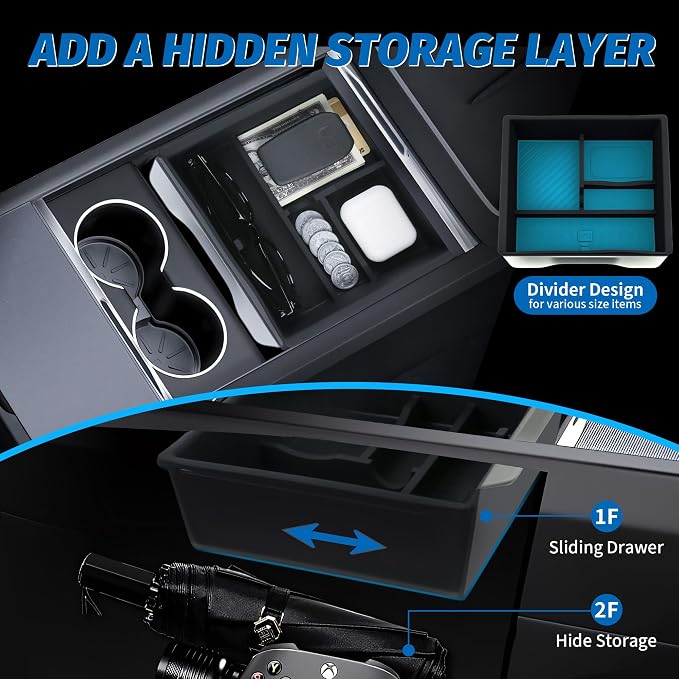 Center Console Organizer for Tesla Model Y Juniper 2025-2026 (Premium & Performance) and Model 3 Highland 2024-2026 All Trims （Double-Layer Storage, Smooth Sliding） 2-Layer Material 4PCS
